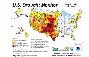 The U.S. Drought Monitor map for May 7, 2013, shows Minnesota's drought to be lessening due to a wet spring. (Source: http://droughtmonitor.unl.edu/)